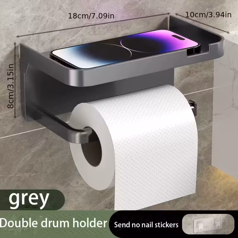 Wall-Mounted Toilet Roll Holder with Shelf (Grey)